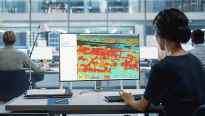 A geographic information systems professional sitting at a computer workstation viewing a map and performing analysis