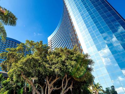 Two modern curving blue-glass skyscrapers soar above lush green landscaping under a vivid blue sky