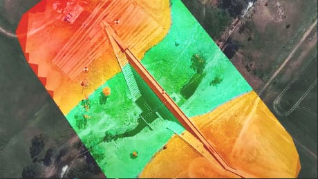 Digital map of a dam showing how geospatial technology analyzes drone data to show elevation measurements