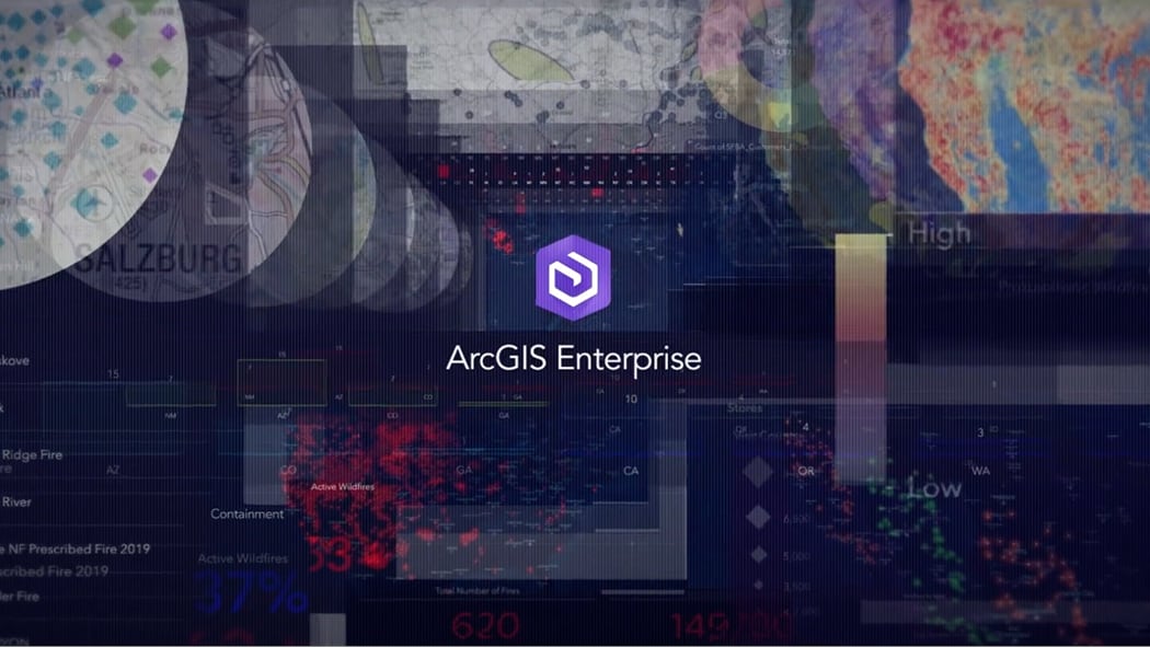A series of city maps, land maps, and text with the words ArcGIS Enterprise at the center with a purple and white icon