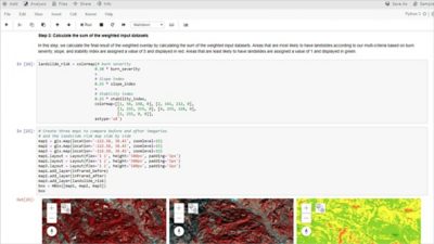 Three maps comparing before and after landslide risk imagery with a weighted overlay calculating risk 