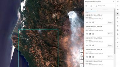 Satellite image of a wildfire in a forested area near a coastline with an inset data panel showing metadata in text and icons 