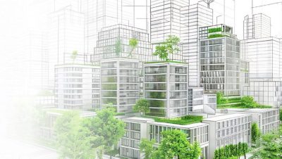 Mostly finished pencil architectural drawing of a block of skyscrapers with green landscaping growing on multiple levels of each building