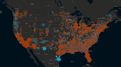 A concentration map of the US in gray and black with clustered points in red and blue