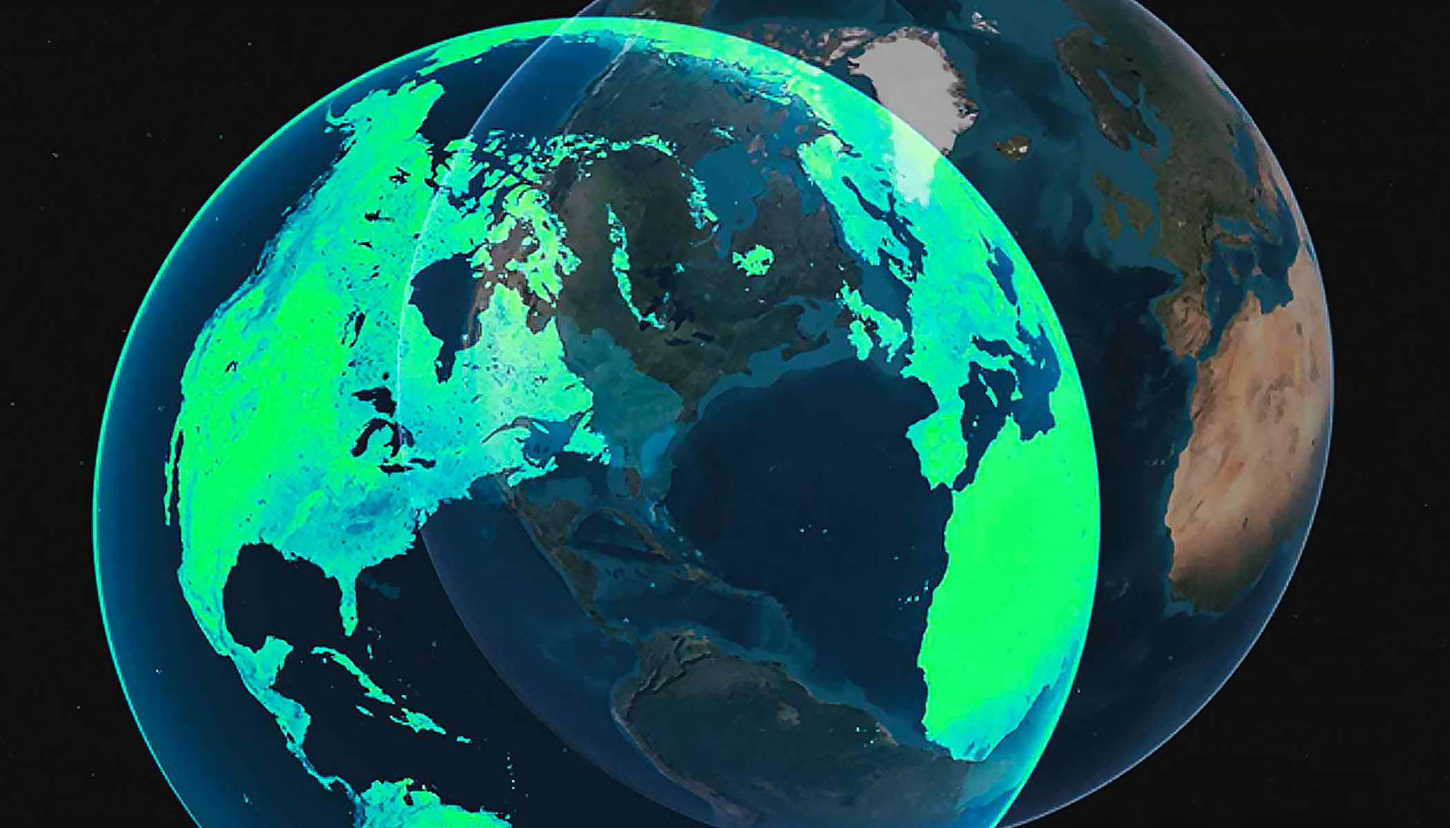 Classic globe with satellite imagery overlaid with another globe in the foreground showing continents in shades of bright green