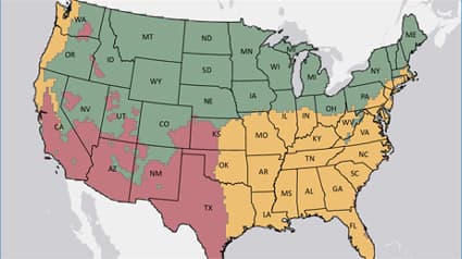 Green, red and yellow map of the United States