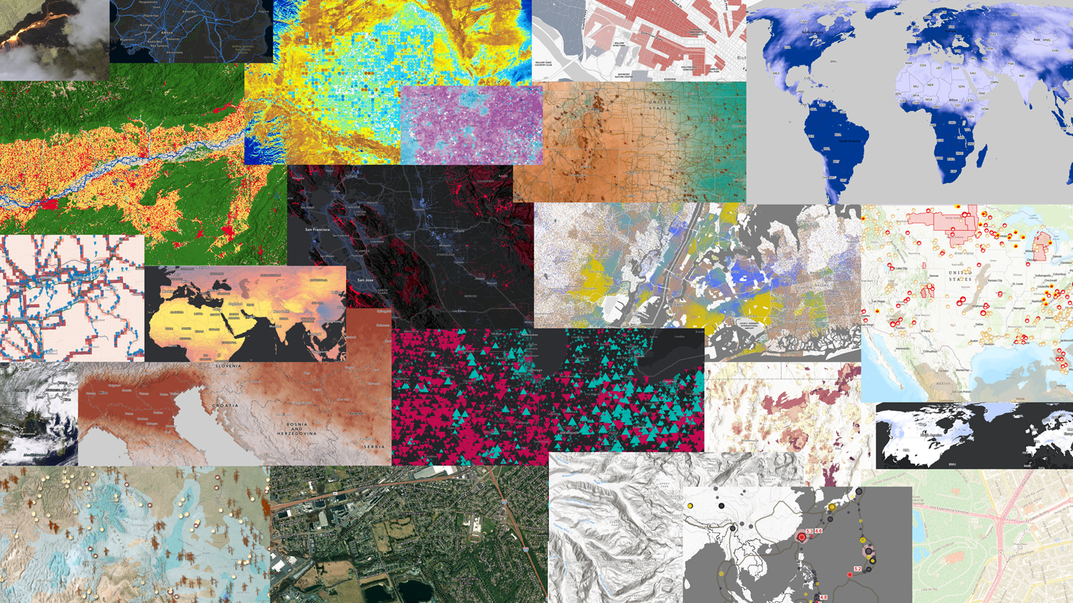 A mosaic image of many maps from a global to local scale. 
