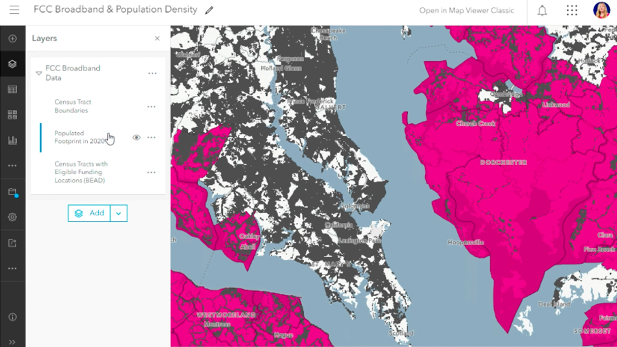 FCC Broadband and Population Density map with Census Tract boundaries.
