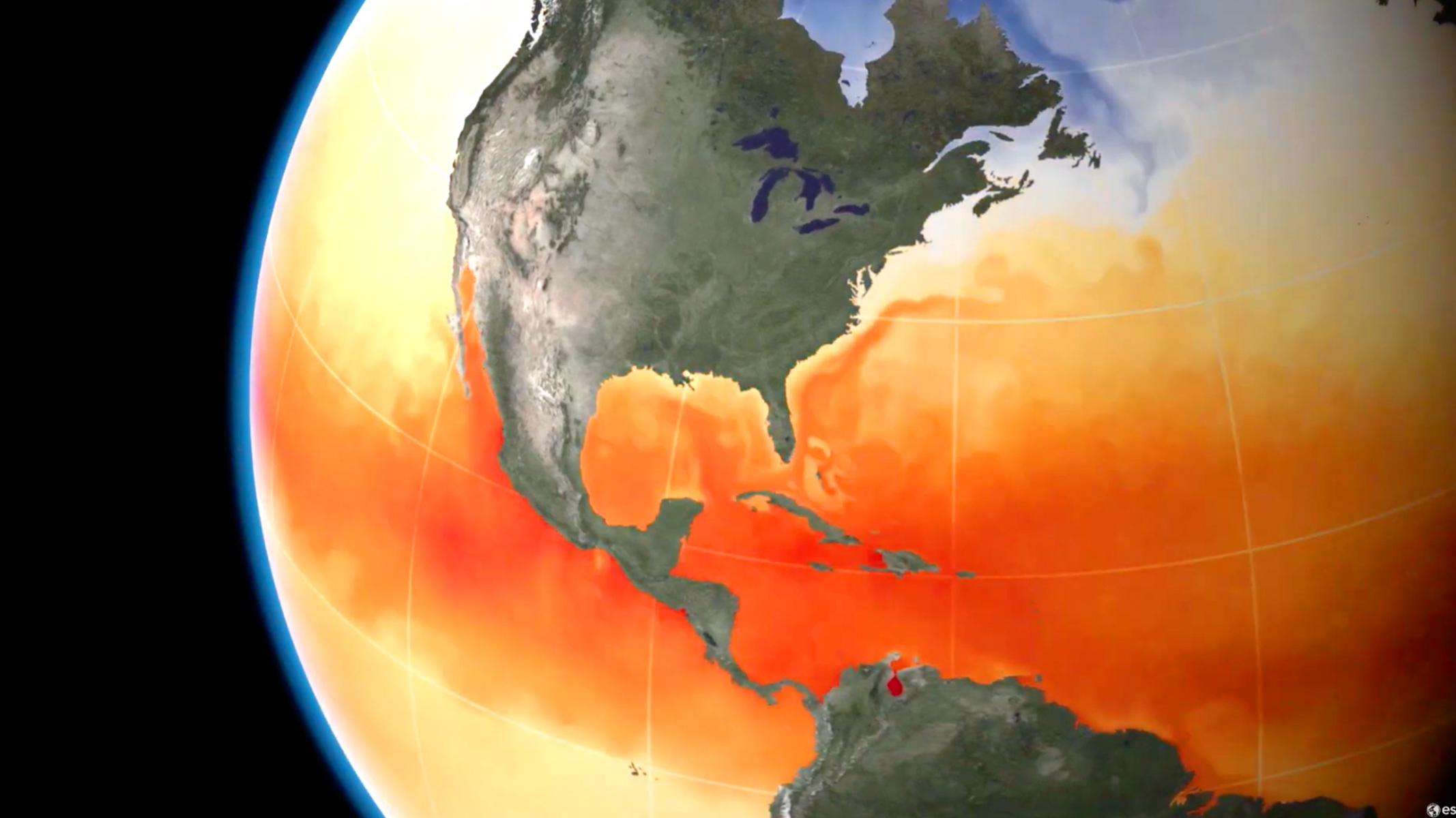 A globe centered on North America with the oceans showing in shades of orange, yellow, and blue. 