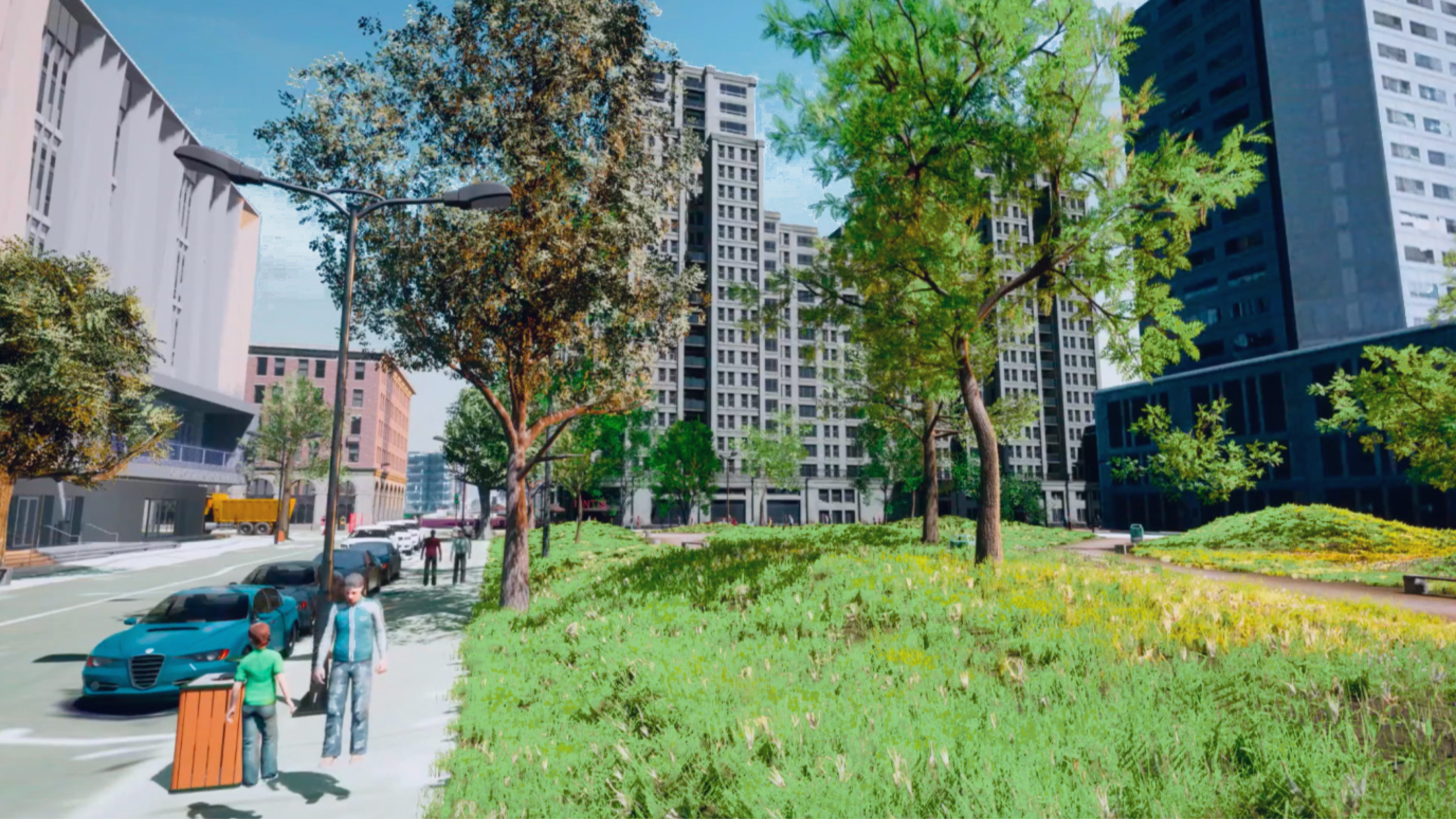 3D visualization of people walking on a sidewalk by a park with green trees, parked cars, and buildings in the background