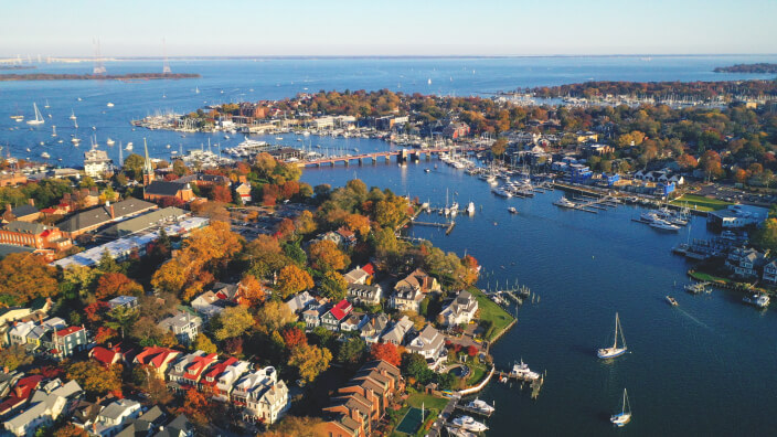 Aerial view of a community near a waterway.