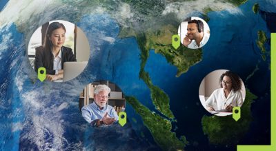 Circles with people working at their home offices and location icons pointing to the globe in the background showing where in the world they are based