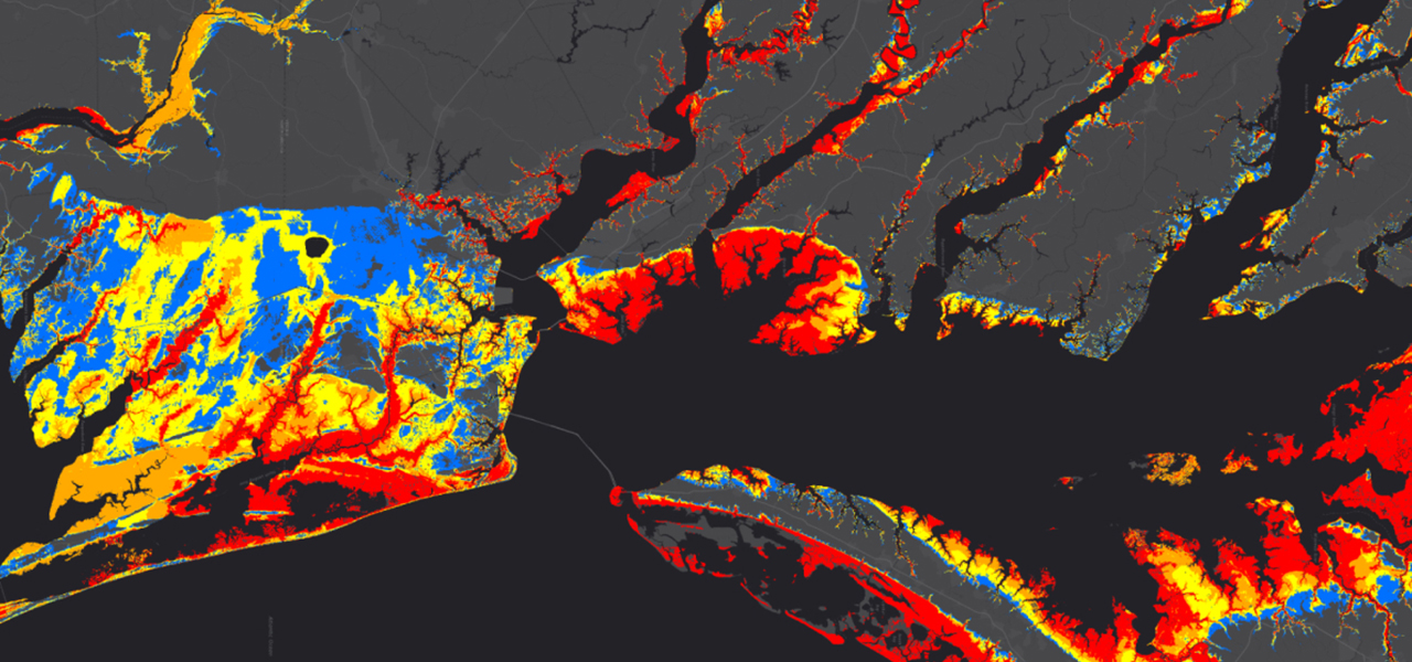Heat map of a sprawling river system with many small tributaries snaking out from the main body of water