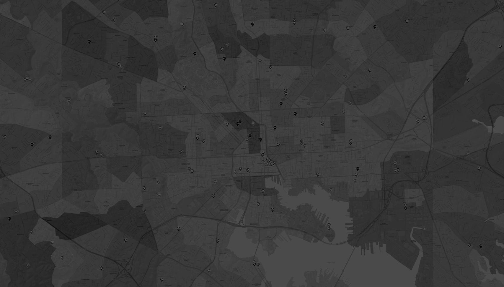 A monochrome map showing streets and landmarks