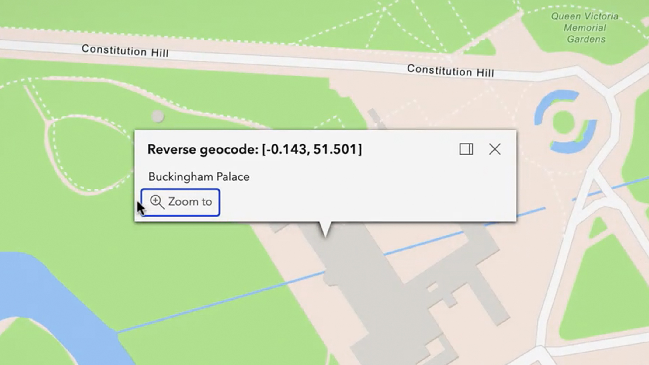 Dark streets map with blue roads and a box with text to show a location being looked up using geocoding service API