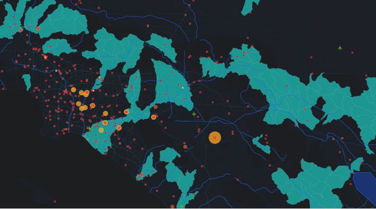 A map with red and yellow dots showing areas of humanitarian assistance around the globe