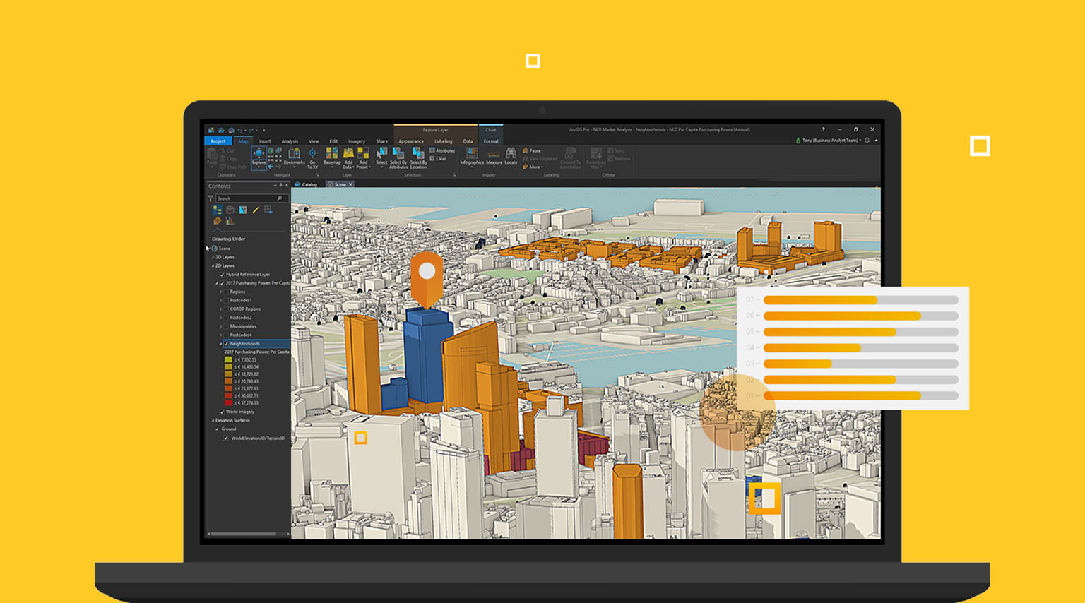 A laptop screen displays software analyzing a computer-generated 3D city map