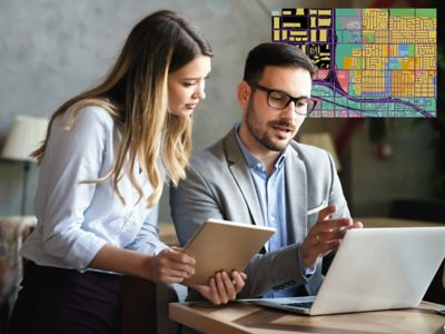 Two people sitting at a desk, one pointing at a laptop screen while the other uses a tablet overlaid with a multicolored map