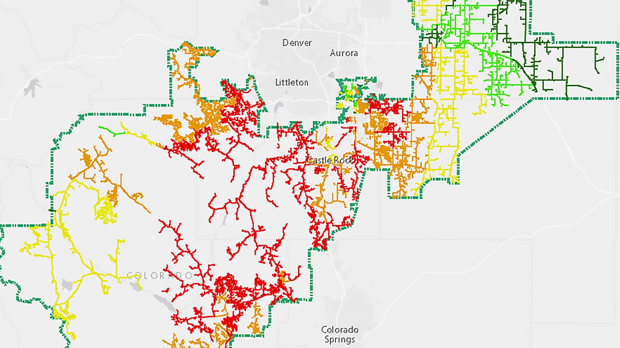 Map of Colorado with electric network data shown in red, yellow, orange, and green lines