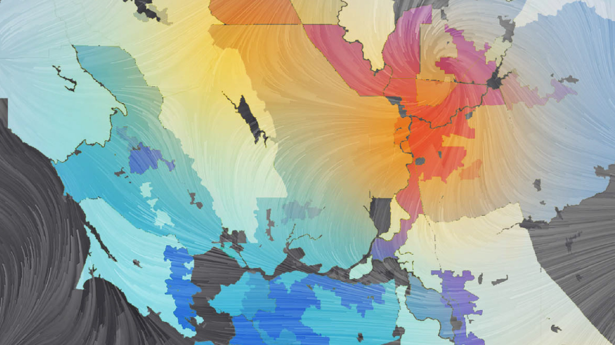 A graphic with a stylized multicolored country map overlaid with a translucent pattern of a swirling vortex