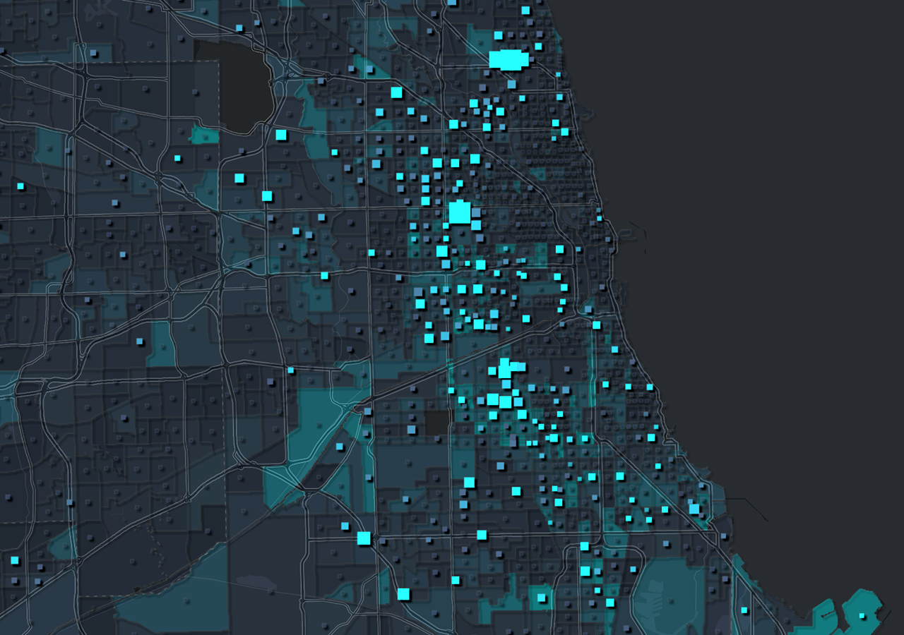 Map of the west coast of Florida with teal and blue rectangles on it of varied size. 