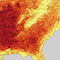 Map of the Southeastern United States showing climate data in red, orange, and yellow.