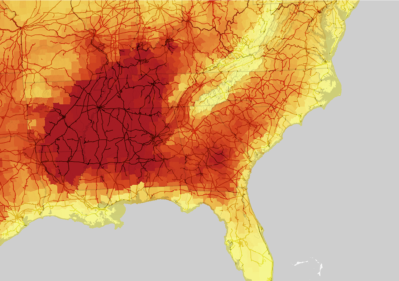 Map of the Southeastern United States showing climate data in red, orange, and yellow.