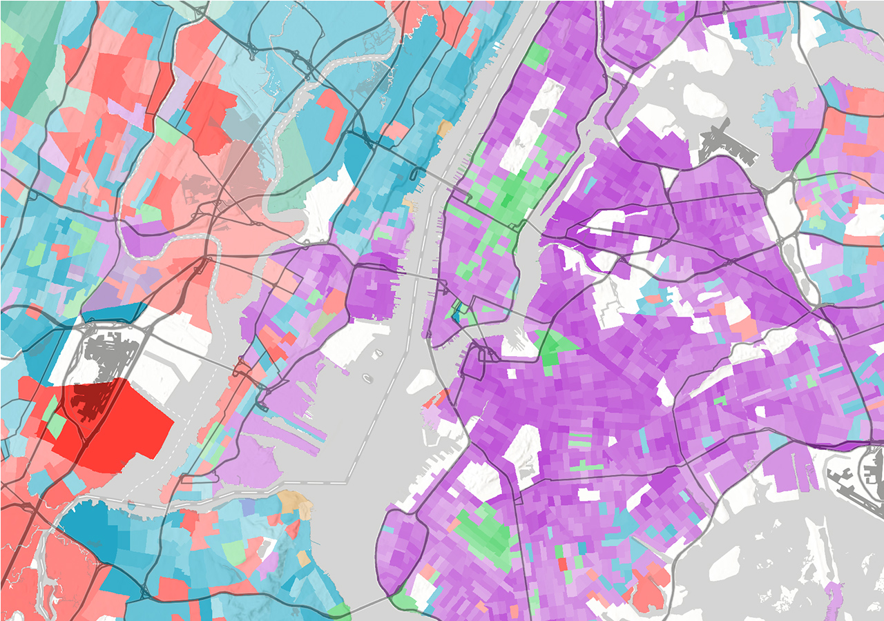 Map of New York City with parcels shaded purple, blue, red, and white. 