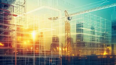 Transparent multi-story building model and a construction crane superimposed over existing city buildings 