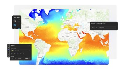  World map displaying heat data in orange, blue, and yellow colors and country names in black text with inset images of tools