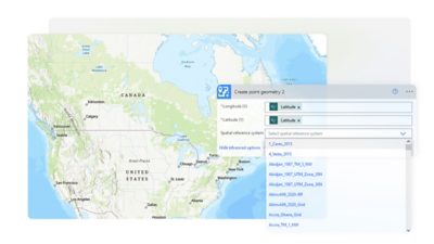   Map of North America in beige and green with an ArcGIS Connectors for Power Automate pop-up window for creating point geometry