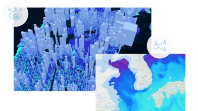 建物の高さと密度を表す都市の 3D モデル。地理マップ上にヒートマップがオーバーレイされている。 