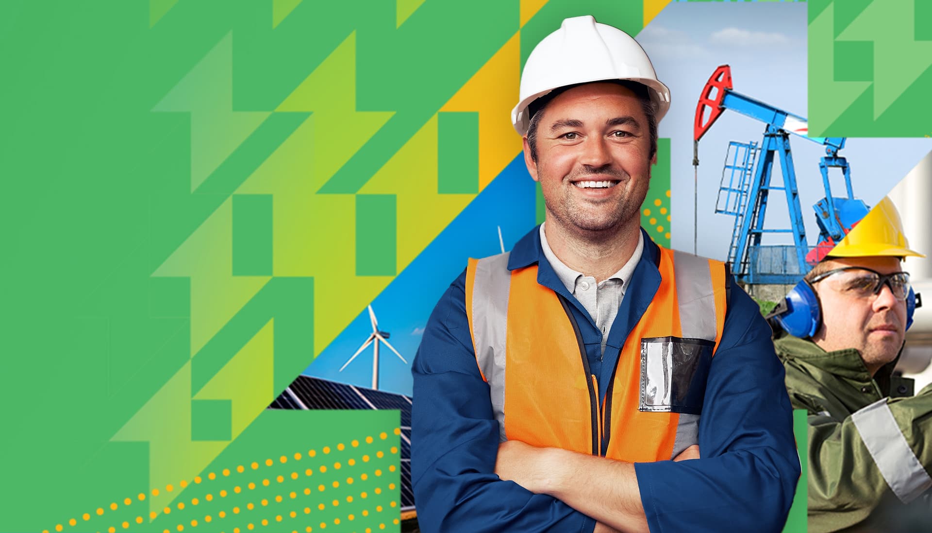 Un collage fotografico di un uomo che indossa un caschetto e un giubbotto di sicurezza, turbine eoliche, un uomo con occhiali di sicurezza e protezioni per le orecchie e una pompa a mano