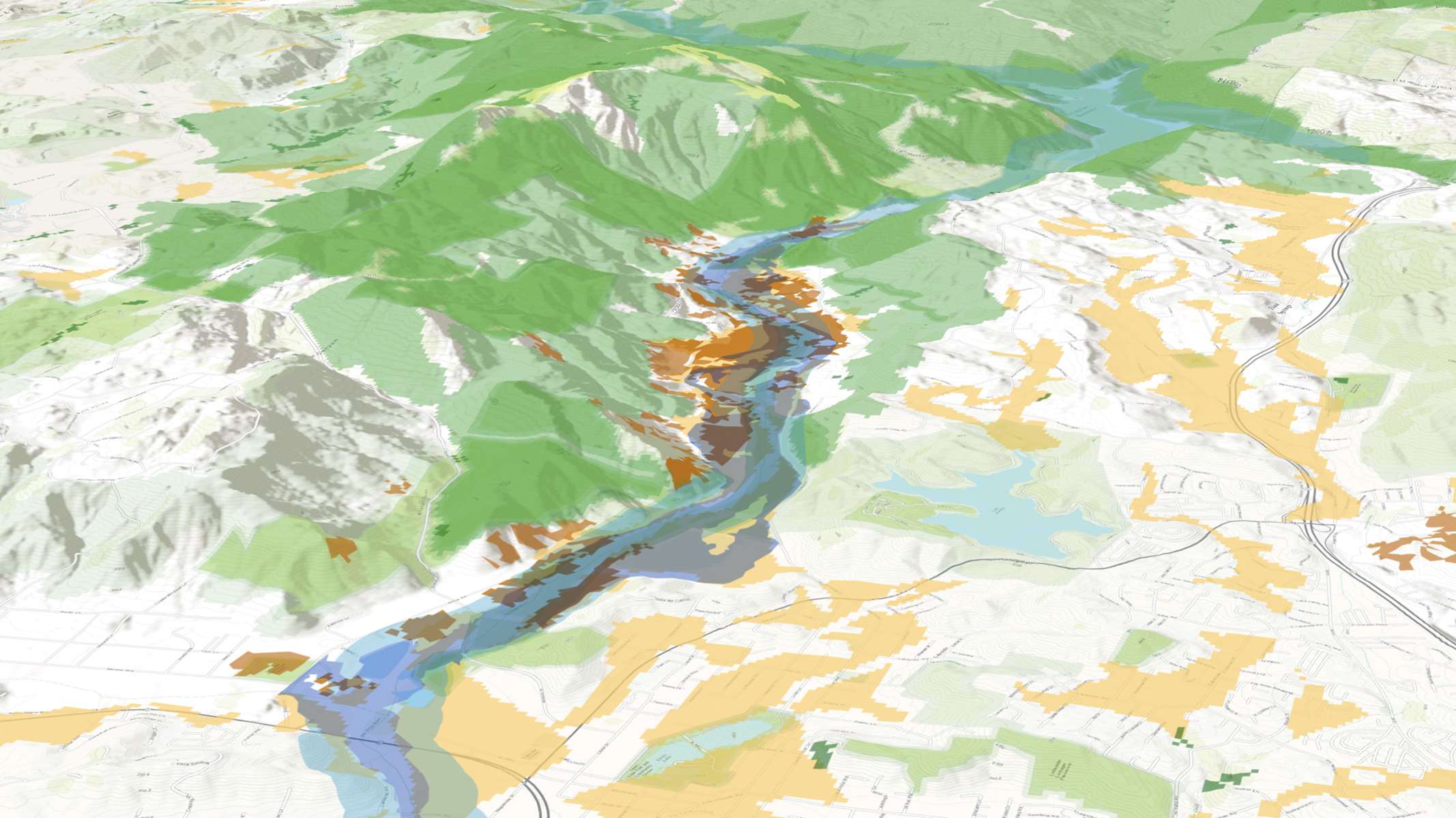 Stylized 3D map of a river valley using color-coded terrain to show elevation and land characteristics like vegetation and development