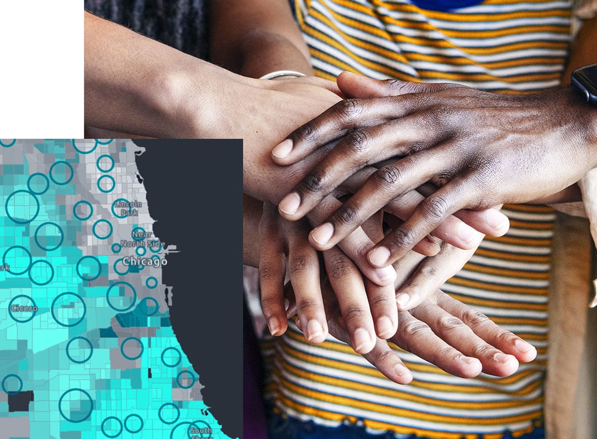 Map of Chicago overlaying people of all colors joining hands