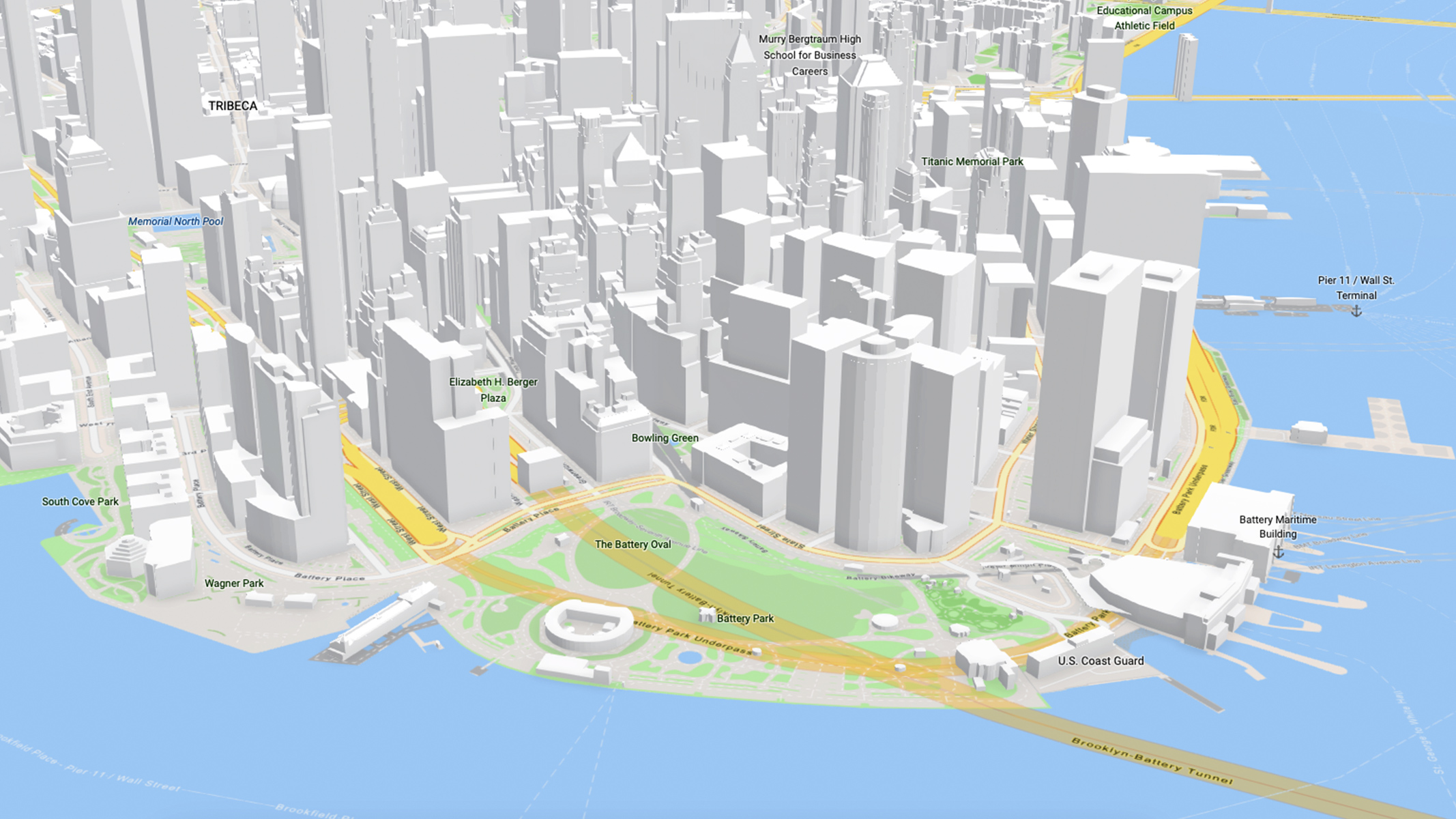 3D map of Manhattan with gray buildings, yellow roads and blue water using basemaps service API
