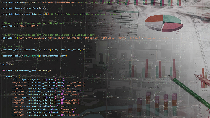 Graphic with an assortment of colorful bar and pie charts overlaid with a data report
