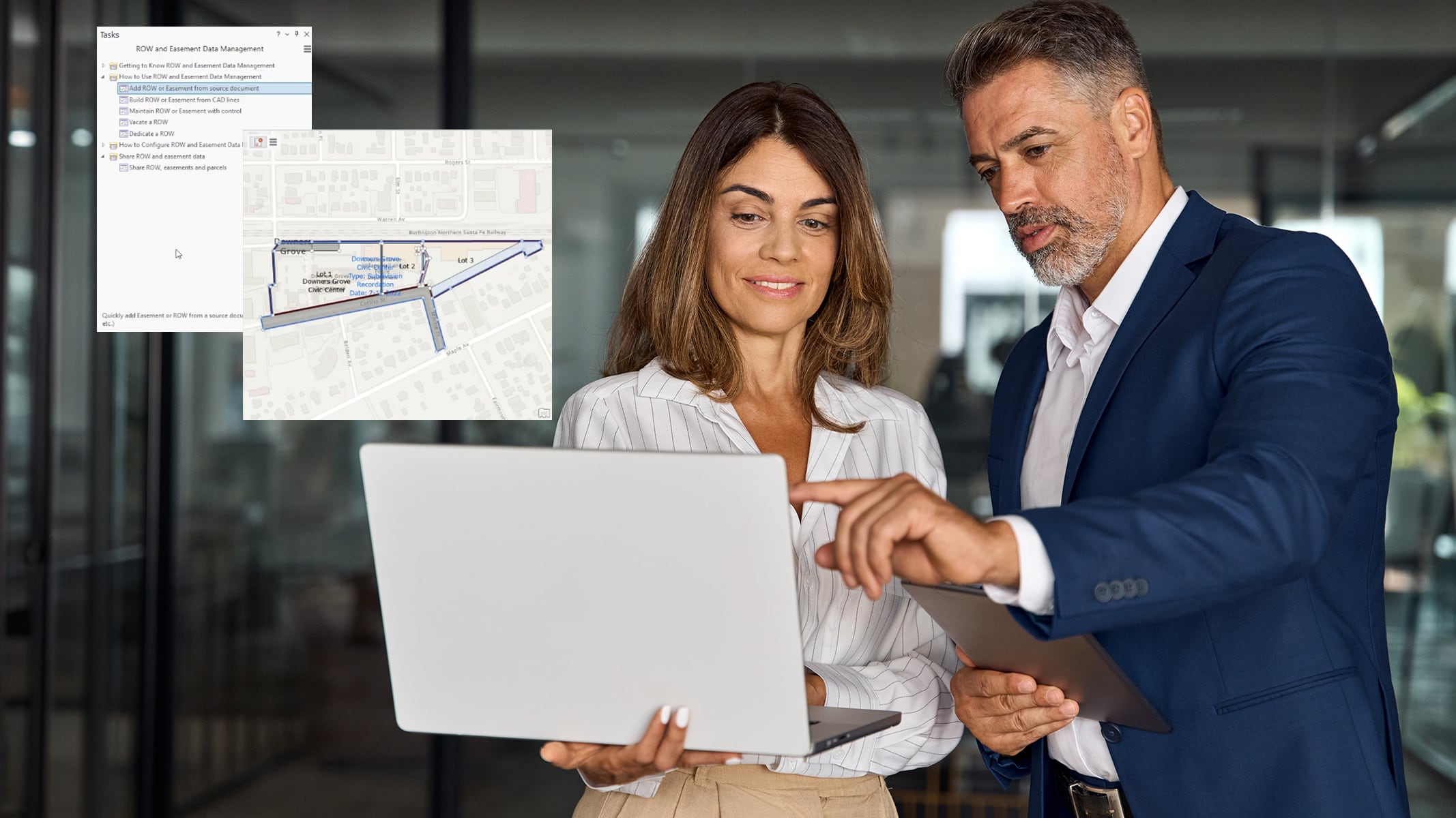 Two office staffers discussing a shared laptop in a sleek modern glass-walled office
