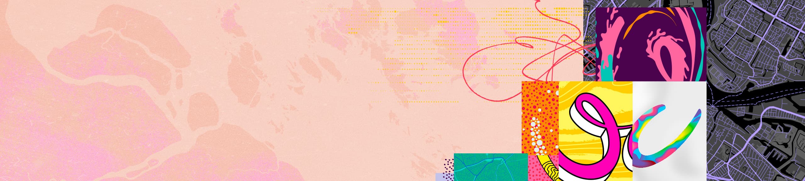 Collage of colorful abstract shapes, patterns, and designs including city maps and stylized letters spelling UC