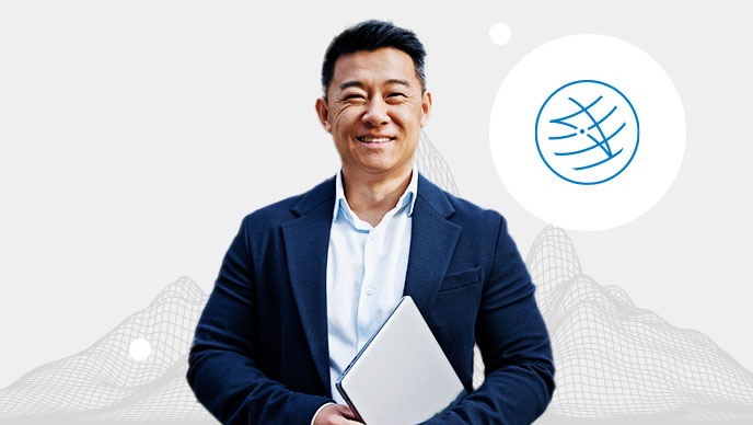 A professional man in a blue blazer holding a silver laptop with an inset icon of a triangle and connected lines