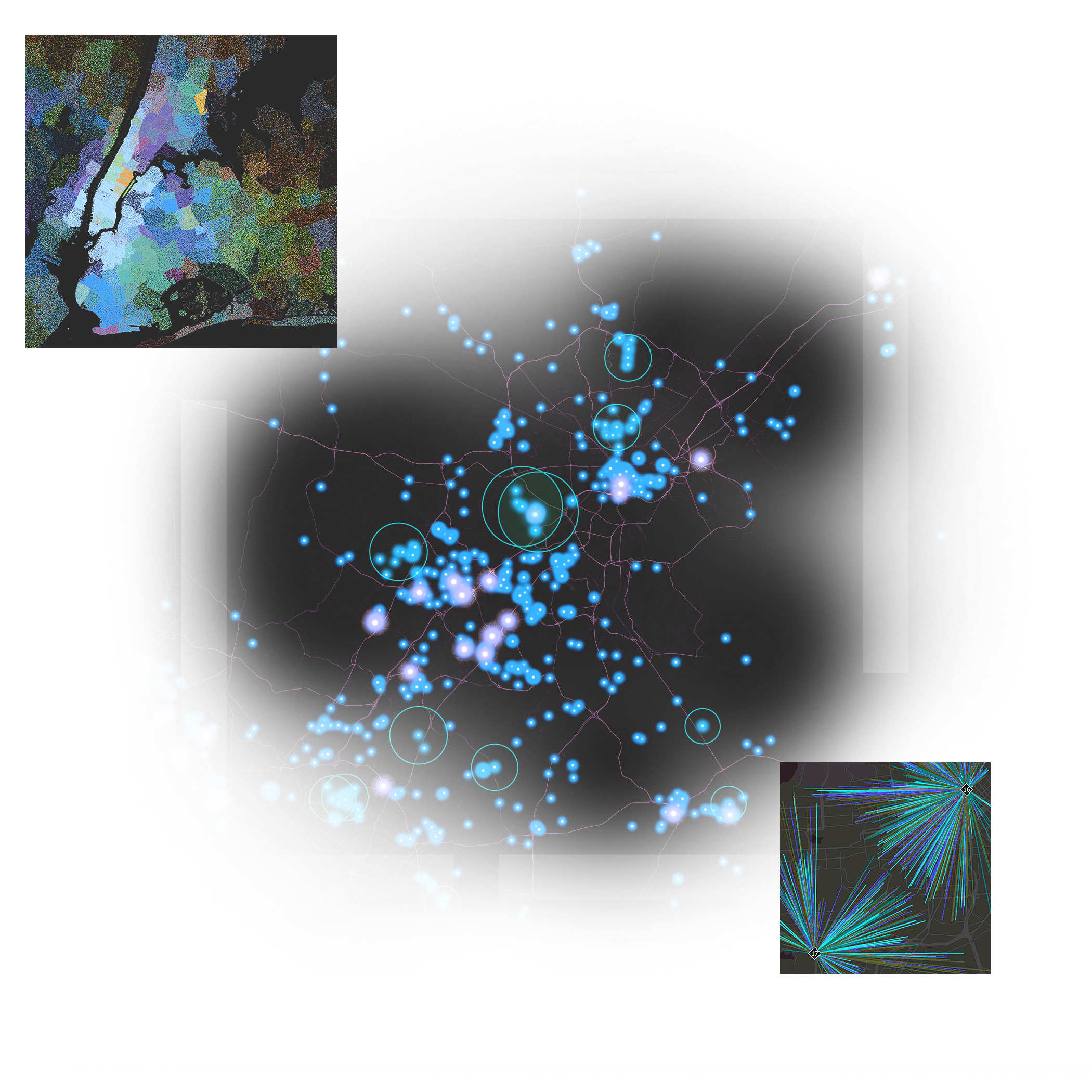 Data visualization showing geographic clustering and network analysis shown by circles, data points, and connected lines