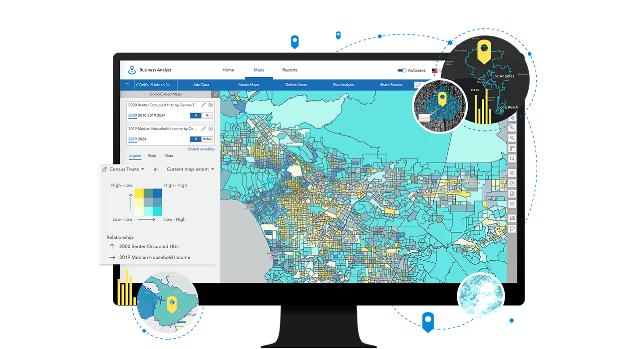 Laptop showing color coded map and Business Analyst interface