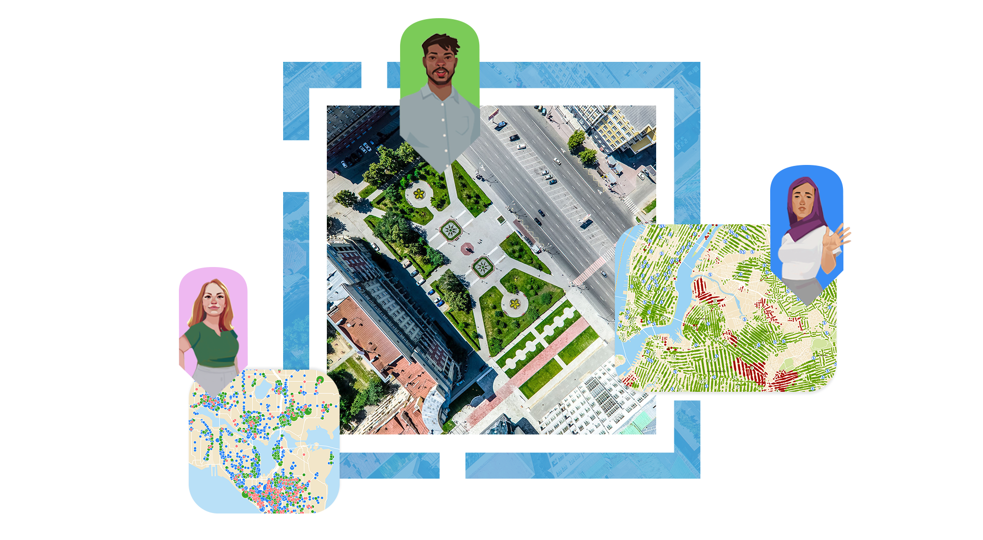 An aerial view of a city park surrounded by tall buildings and overlaid with two maps and map markers representing people of different ages and identities 