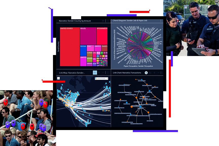 A dashboard used to analyze data overlaid with a cropped photo of spectators and a photo of security personnel looking at a tablet
