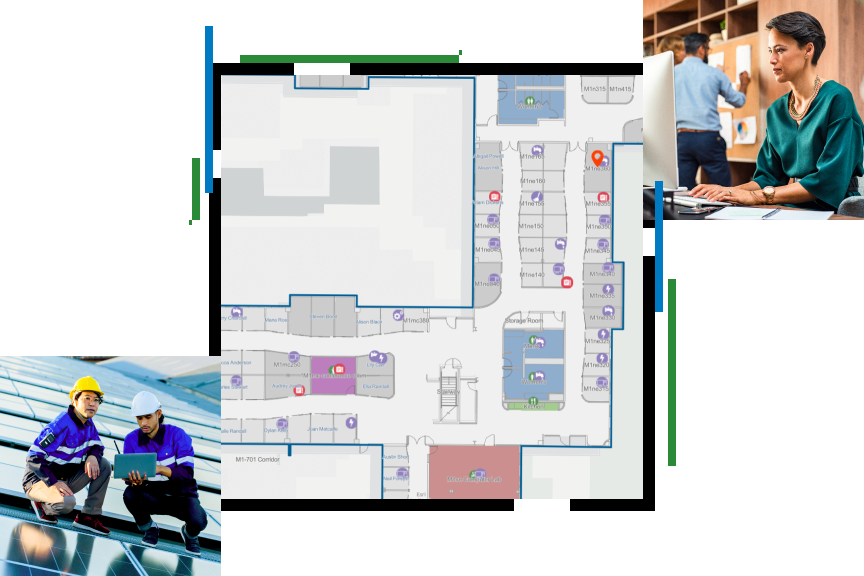 Facility map and people reviewing facility data on a computer and tablet