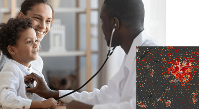 A photo of a doctor using a stethoscope on a smiling child with his mother, overlaid with a concentration map