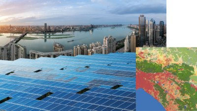 An aerial view of a city with solar panels in the foreground and a river running between it, overlaid by a square map in colors of yellow, green, and red