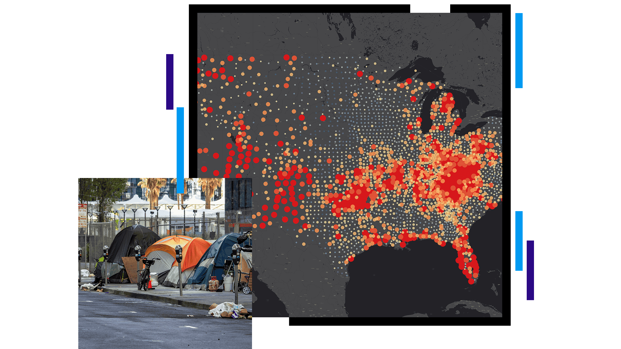 Map of the United States of America with red and orange data points, clustered mostly on the eastern half of the country 