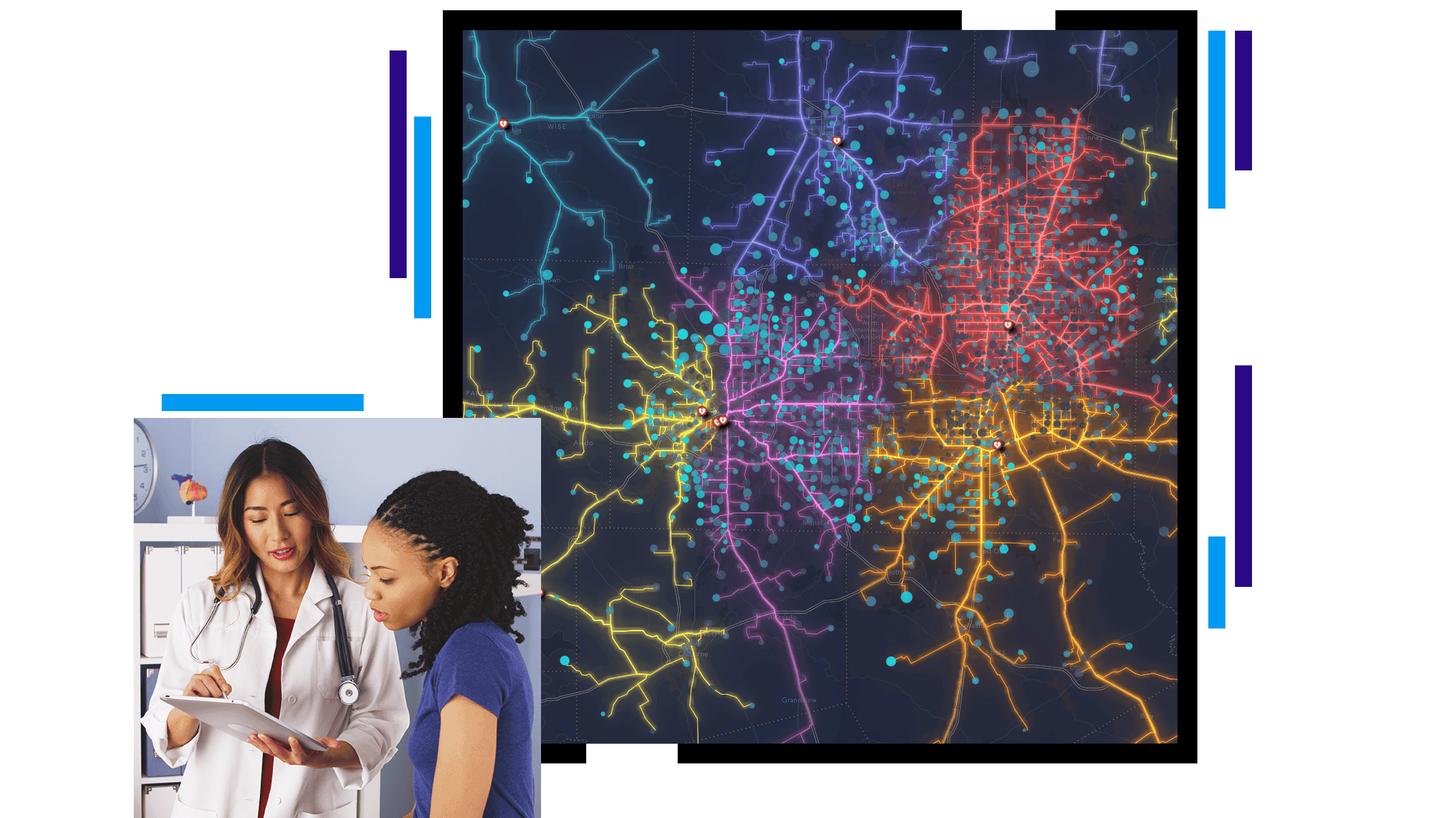 A map representing health care services locations and routes, and a doctor using a table to explain information to a patient 