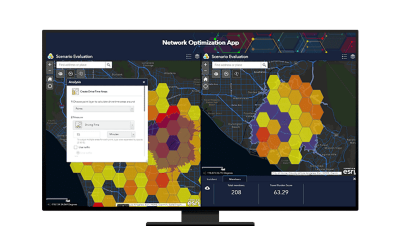 A map displaying a network optimization, with a split showing two different scales of a scenario evaluation. 